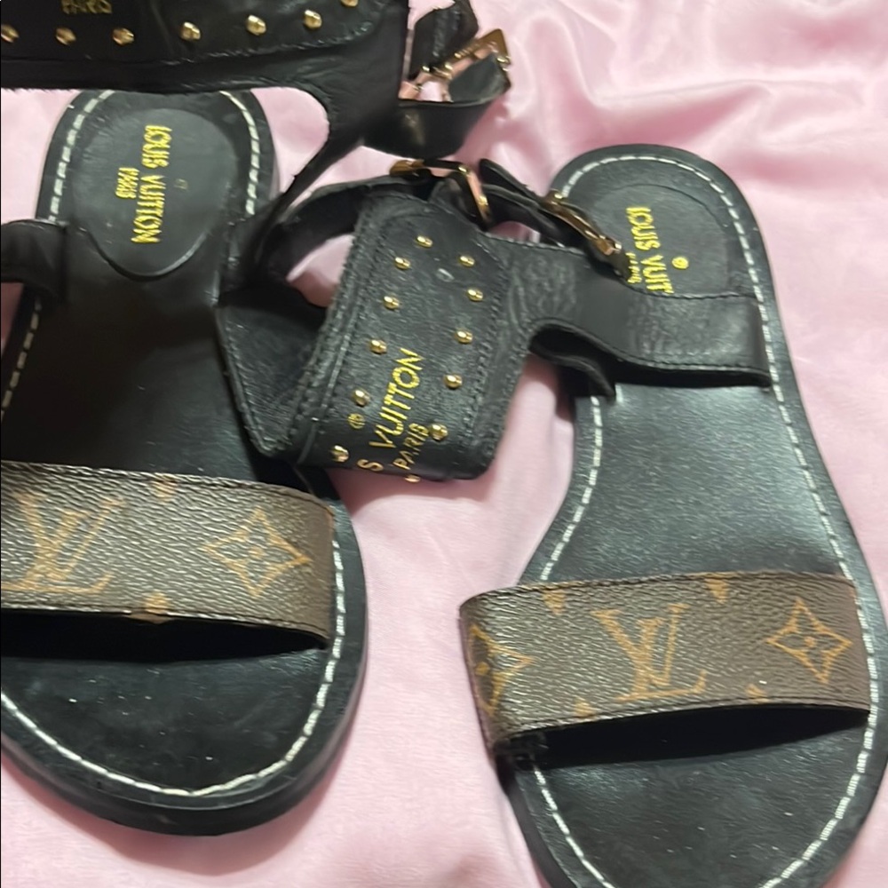 Louis Vuitton Black and Brown Sandals with Gold Accents